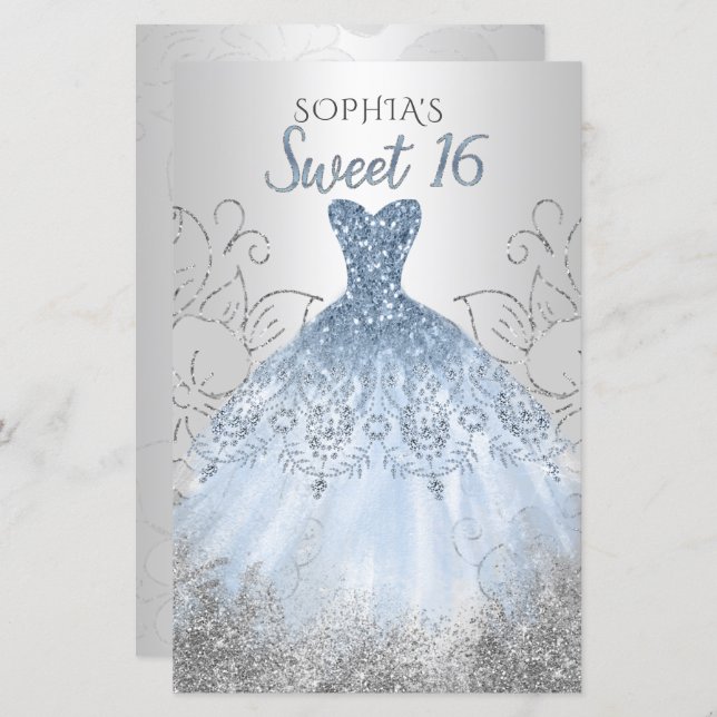 Budget Silver Dusty Blue Robe Sweet 16 Invitation (Devant / Derrière)