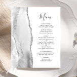 Budget Silver Grey Agate White Mariage Menu<br><div class="desc">Le bord gauche de cet élégant menu mariage moderne présente une bordure d'aquarelle gris et blanc ornée d'une parties scintillant en faux argent. Le texte personnalisable combine un script d'écriture manuscrite grise de fusain blanc et des polices de cuivre sur un arrière - plan blanc. L'envers présente un design d'agate...</div>