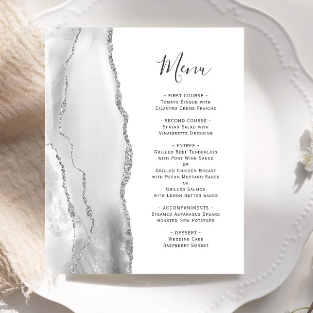 Budget Silver Grey Agate White Mariage Menu (Créateur téléchargé)