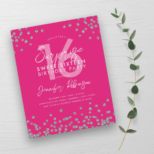 Budget Silver Hot Pink Confetti Sweet 16 Invitatio