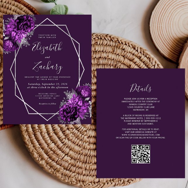 Budget Silver Purple Plum Floral QR Code Mariage (Créateur téléchargé)