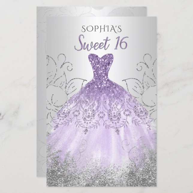 Budget Silver Purple Robe Sweet 16 invitation (Devant / Derrière)