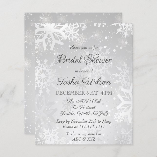 Budget Silver Snowflakes Invitation de la douche n (Devant / Derrière)