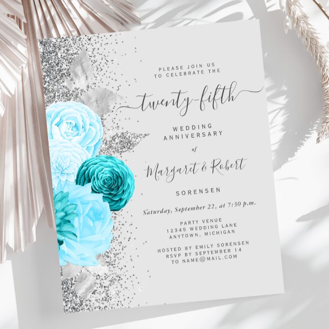 Budget Silver Teal Floral 25th Anniversary Party (Créateur téléchargé)
