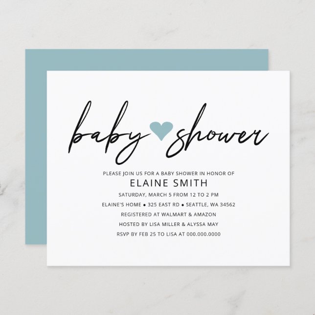 Budget Simple Baby shower bleu coeur Invitation (Devant / Derrière)