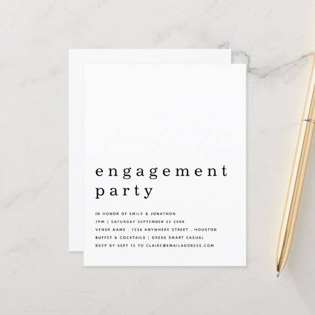 Budget Simple Black White Engagement Invitation (Devant/Arrière en situation)