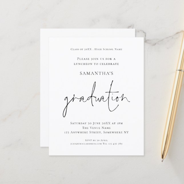 Budget Simple Black White Grad Luncheon Invitation (Devant/Arrière en situation)