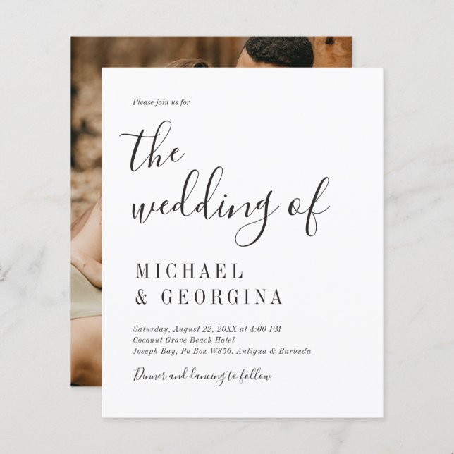 Budget Simple Black White Photo Faire-part de mari (Devant / Derrière)