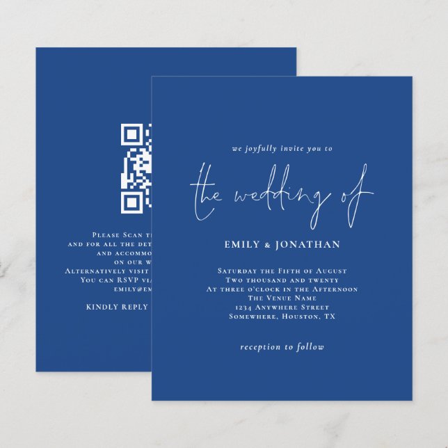 Budget Simple Bleu Bleu QR Code Mariage Invitation (Devant / Derrière)