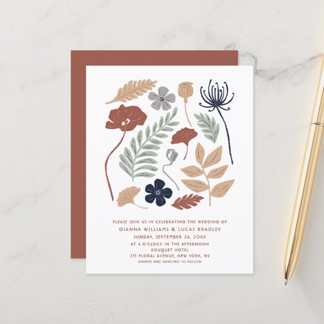 Budget Simple Blue Redwood Flowers Moderne Mariage (Devant/Arrière en situation)