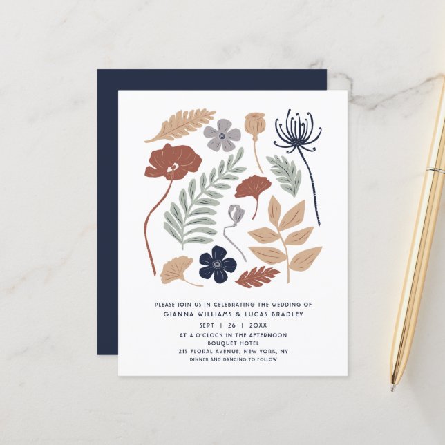 Budget Simple Blue Redwood Flowers Moderne Mariage (Devant/Arrière en situation)