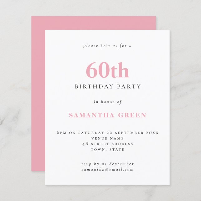 Budget Simple Blush Pink 60e Anniversaire Invitati (Devant / Derrière)