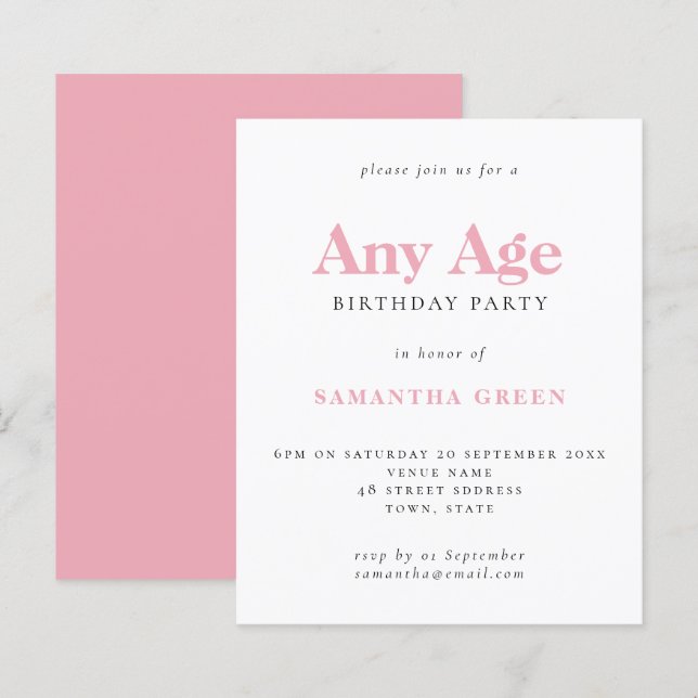 Budget Simple Blush Rose Age Invitation Anniversai (Devant / Derrière)