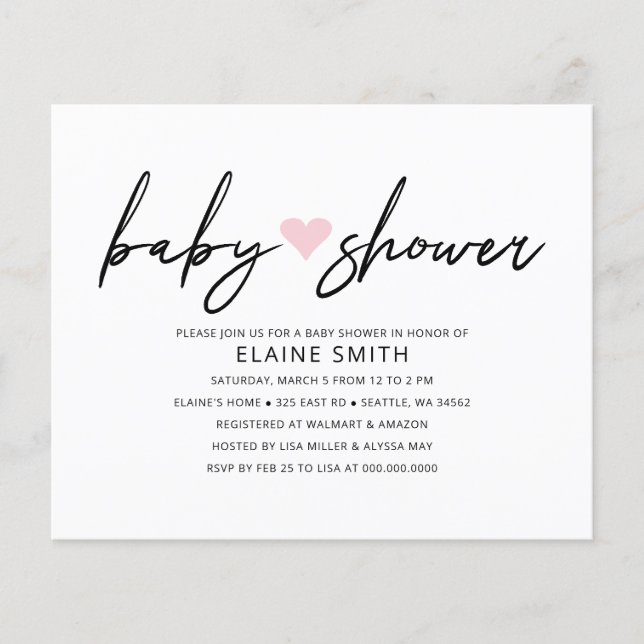 Budget Simple Coeur rose Baby shower Invitation (Devant)