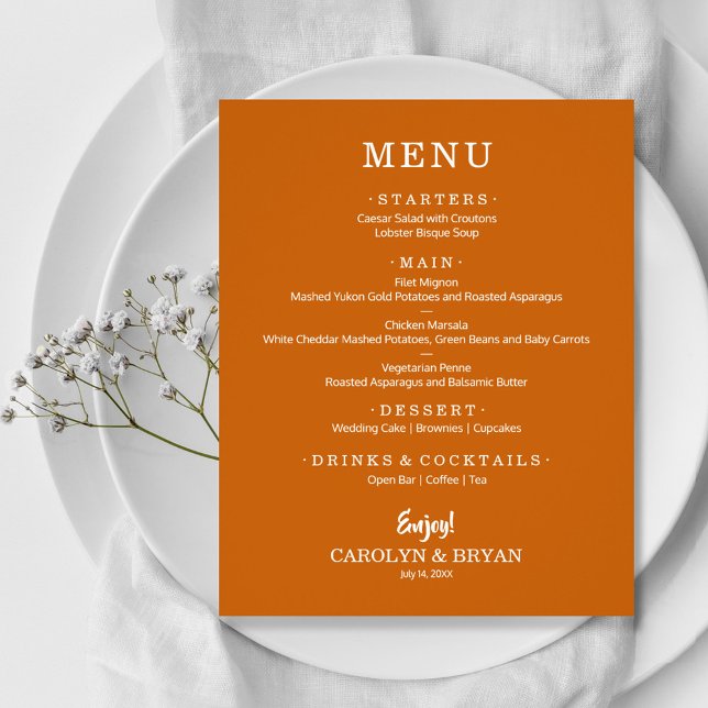 Budget Simple Elegant Burnt Orange Menu Mariage (Créateur téléchargé)