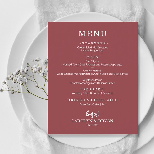 Budget Simple Elegant Terracotta Rose Menu Mariage (Créateur téléchargé)