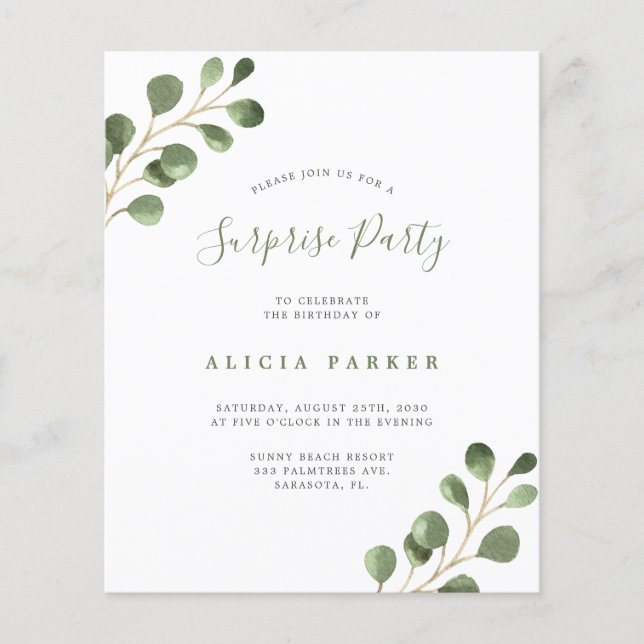 Budget simple eucalyptus invitation fête d'anniver (Devant)