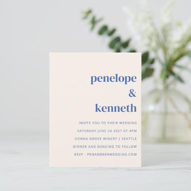 Budget simple Faire-part de mariage bleu ivoire (Debout devant)