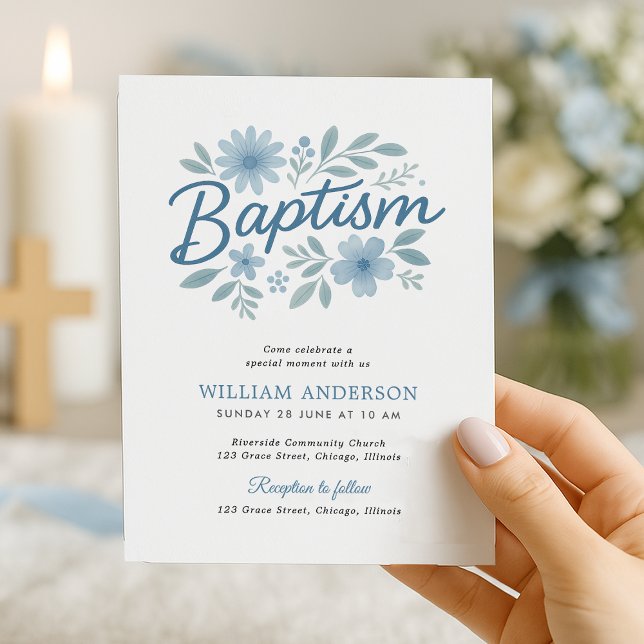 Budget simple Floral Baptism Invitation pour Garço (Elegant budget  blue floral baptism invitation held near candlelight – perfect for boy christening)