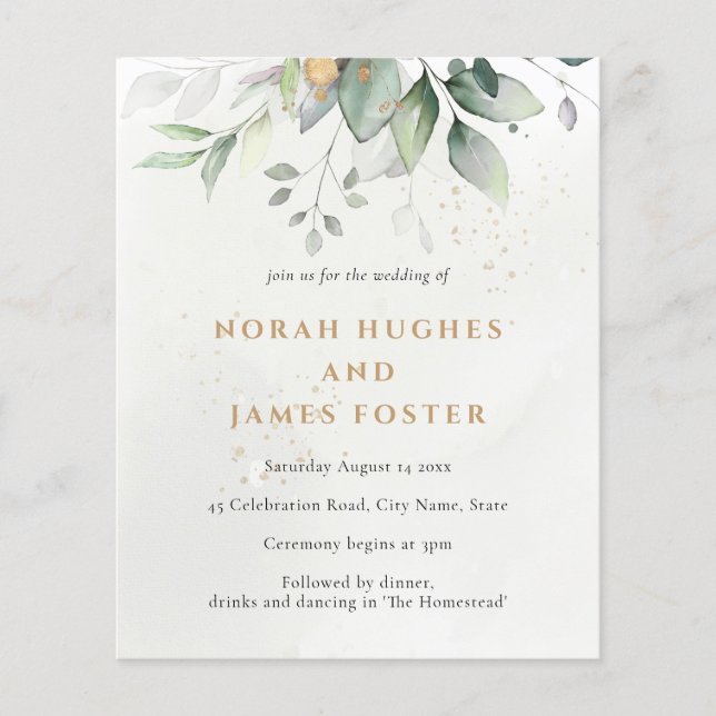 Budget Simple Green & Gold Botanical Invitation (Devant)