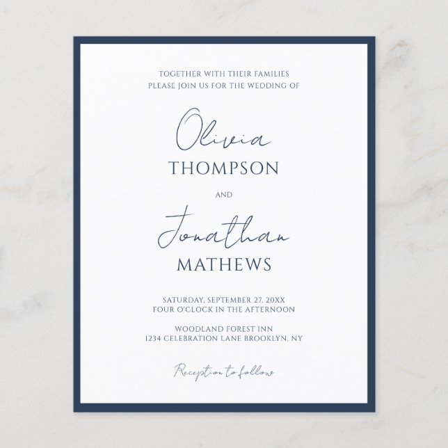 BUDGET Simple Mariage Script à Bordure Navy Blue (Devant)