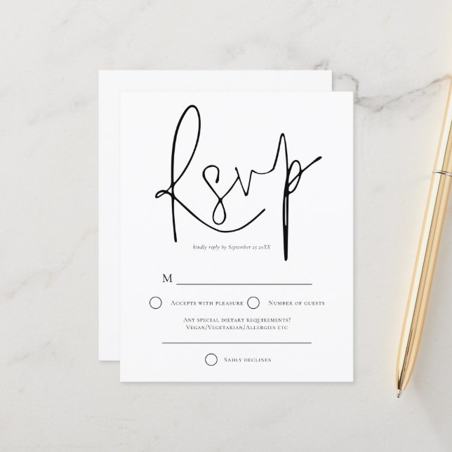 Budget Simple Noir Blanc Mariage RSVP (Devant/Arrière en situation)