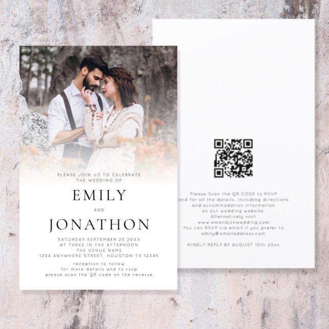 Budget Simple Photo QR Code Mariage Invitation (Front and back view. Part of a large wedding collection of matching stationery and accessories)