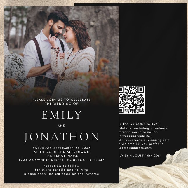 Budget simple photo QR Code Mariage noir Invitatio (Front and Back view of budget price photo blak overlay wedding invitation with your website QR code)