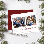 BUDGET Simple Rouge Script Joyeux Noël Photo<br><div class="desc">BUDGET Rustic Red Simple Script Modern Joyeux Noël Photo Carte de vacances avec deux de vos photos préférées et un script simple mais élégant Joyeux voeux de Noël. Le dos est orné d'un arrière - plan rouge hivernal et festif. Parfait pour vos cartes de fin de année cette année !...</div>