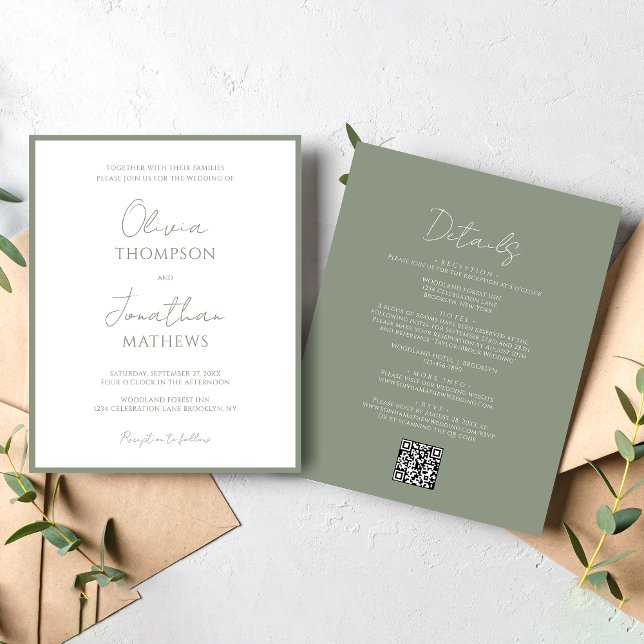 BUDGET Simple Sage Green Script QR Code Mariage (Créateur téléchargé)