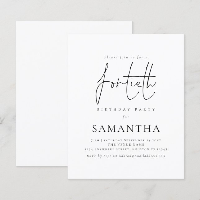 Budget Simple Script 40e anniversaire Invitation d (Devant / Derrière)