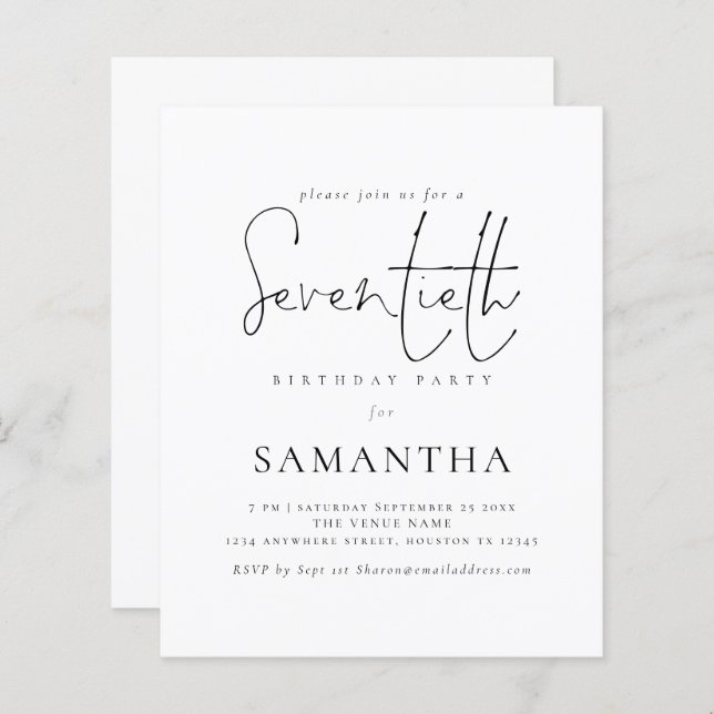 Budget Simple Script 70e anniversaire Invitation d (Devant / Derrière)