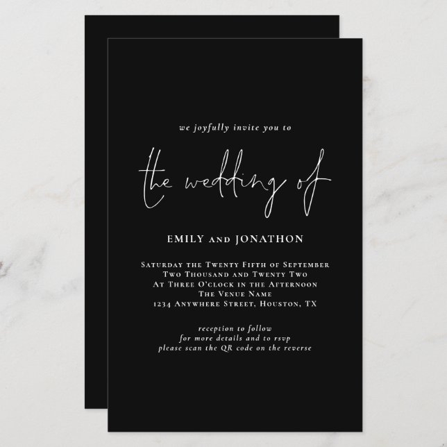Budget Simple Script QR Code Black Wedding Invitat (Devant / Derrière)