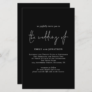 Budget Simple Script QR Code Black Wedding Invitat