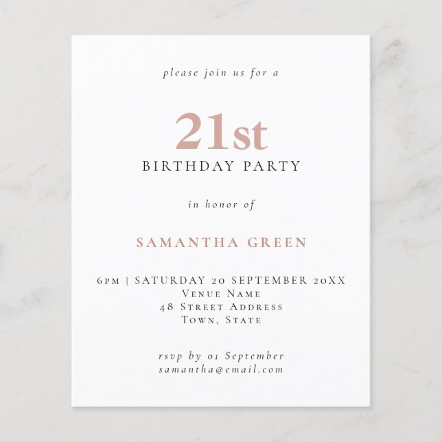 Budget Simple Texte Blush 21e Invitation d'anniver (Devant)