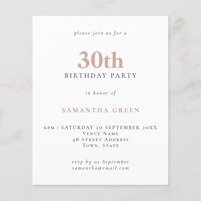 Budget Simple Texte Blush 30e Invitation anniversa (Devant)