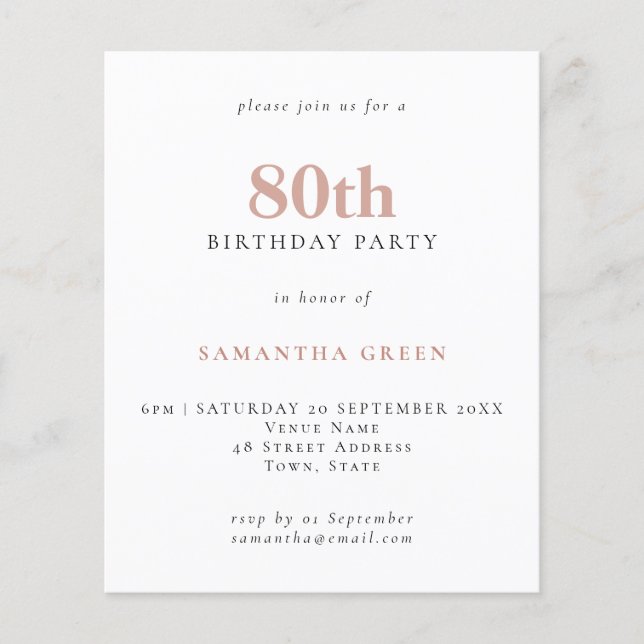 Budget Simple Texte Blush Invitation d'anniversair (Devant)