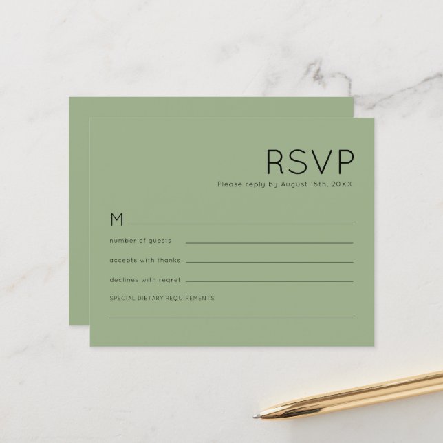 Budget Simple Typographie Mariage Vert Sauge RSVP (Devant/Arrière en situation)