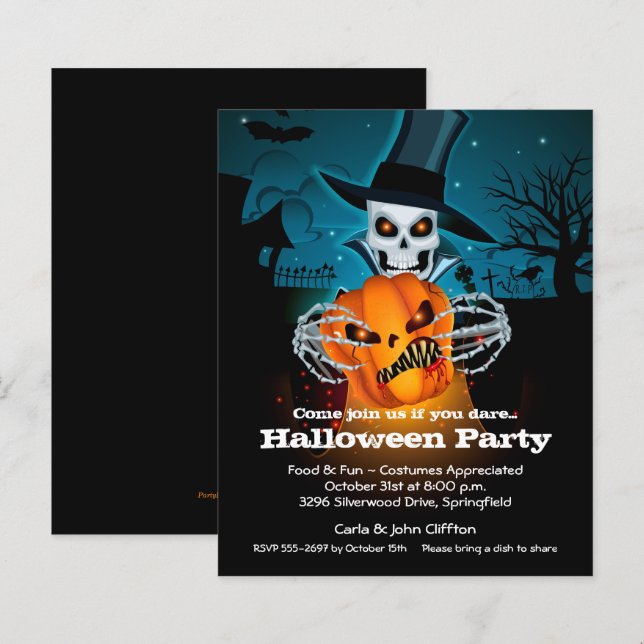 Budget Skeleton et Citrouille Halloween Invitation (Devant / Derrière)