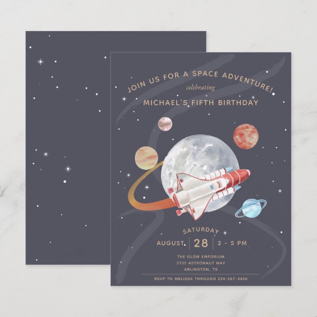 Budget Space Adventure Invitation d'anniversaire d (Devant / Derrière)