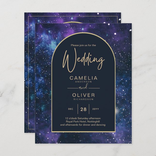 BUDGET Starry Nuit violet bleu mariage INVITE (Devant / Derrière)