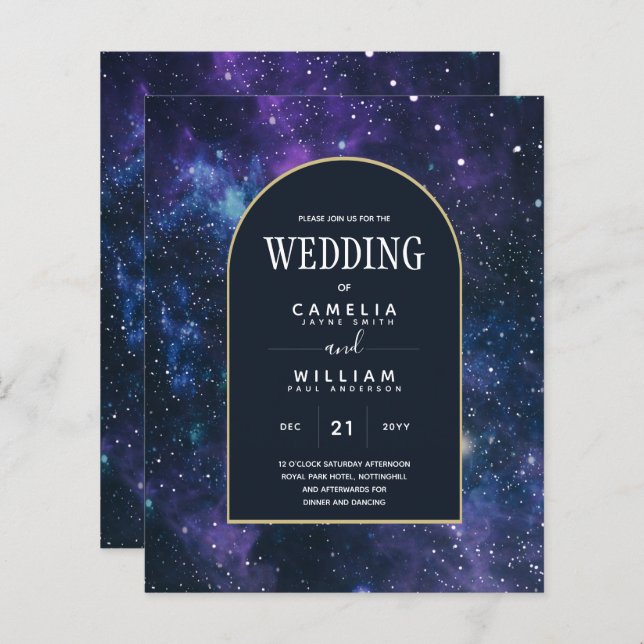 BUDGET Starry Nuit violet bleu mariage INVITE (Devant / Derrière)