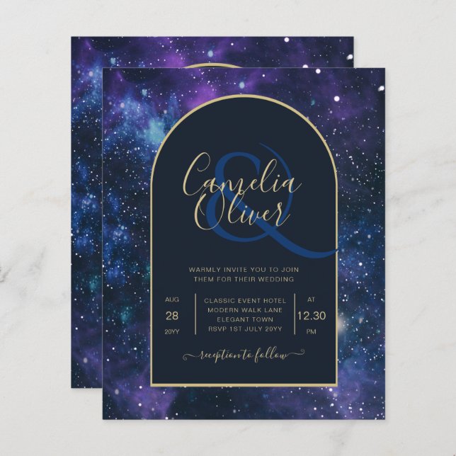 BUDGET Starry Nuit violet bleu mariage INVITE (Devant / Derrière)