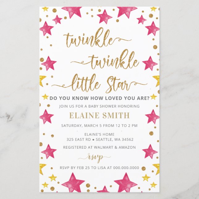 Budget Stars Rose Girl Baby shower Invitation (Devant)