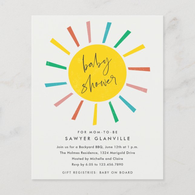 Budget Sun Script Moderne Baby shower Invitation (Devant)