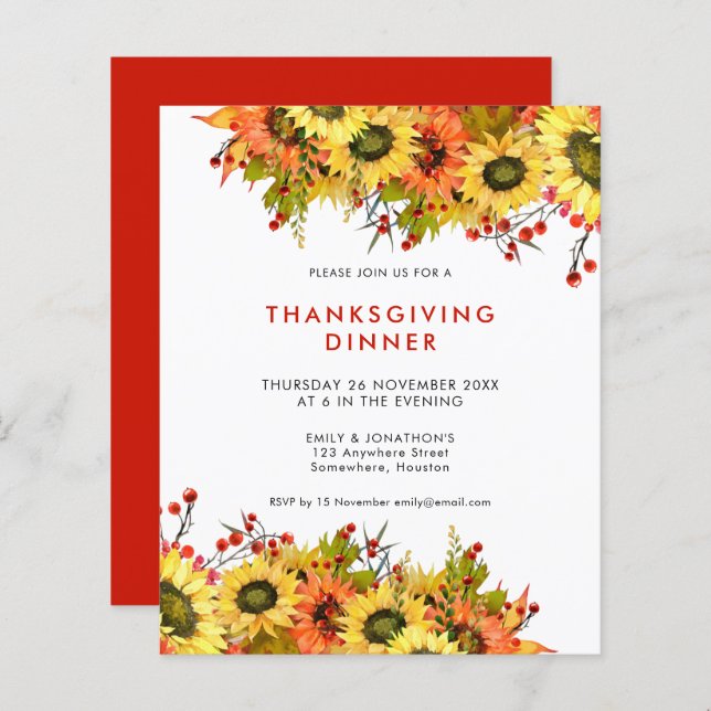 Budget Sunflower Berry Thanksgiving Dîner Invitati (Devant / Derrière)