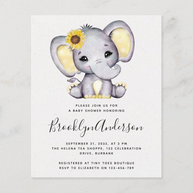BUDGET Sunflower Elephant Baby shower Invitation (Devant)