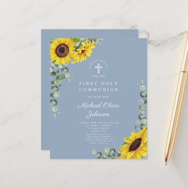 Budget Sunflower Eucalyptus Blue First Communion (Devant/Arrière en situation)
