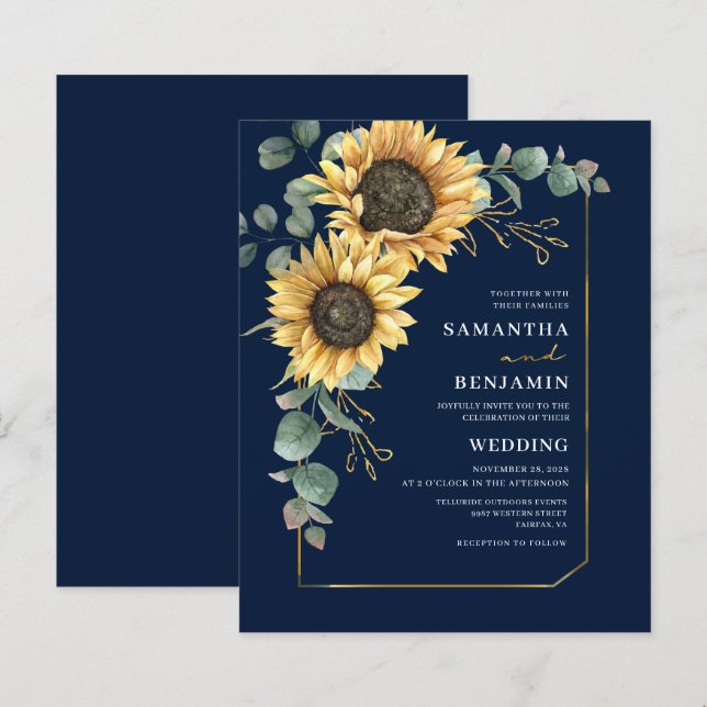 Budget Sunflower Eucalyptus Floral Mariage Invitat (Devant / Derrière)