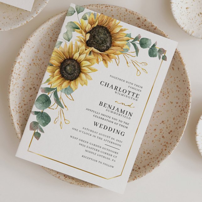 Budget Sunflower Eucalyptus Floral Mariage Invitat (Sunflower Eucalyptus Typography Botanical Wedding Invitation)